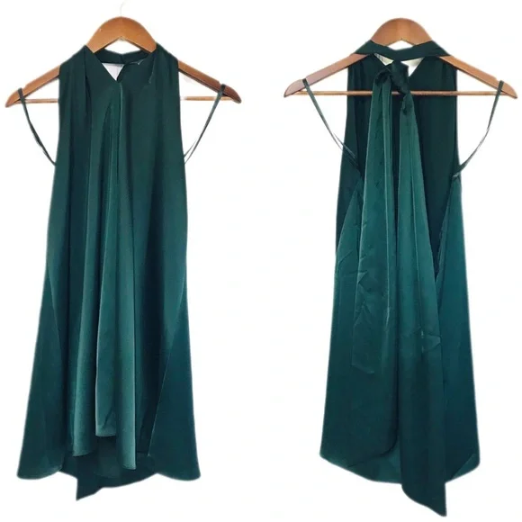 GIANNI BINI Green Satin Halter Mini Dress Backless Mod‎ 60s Minimalist Large New - Picture 2 of 11